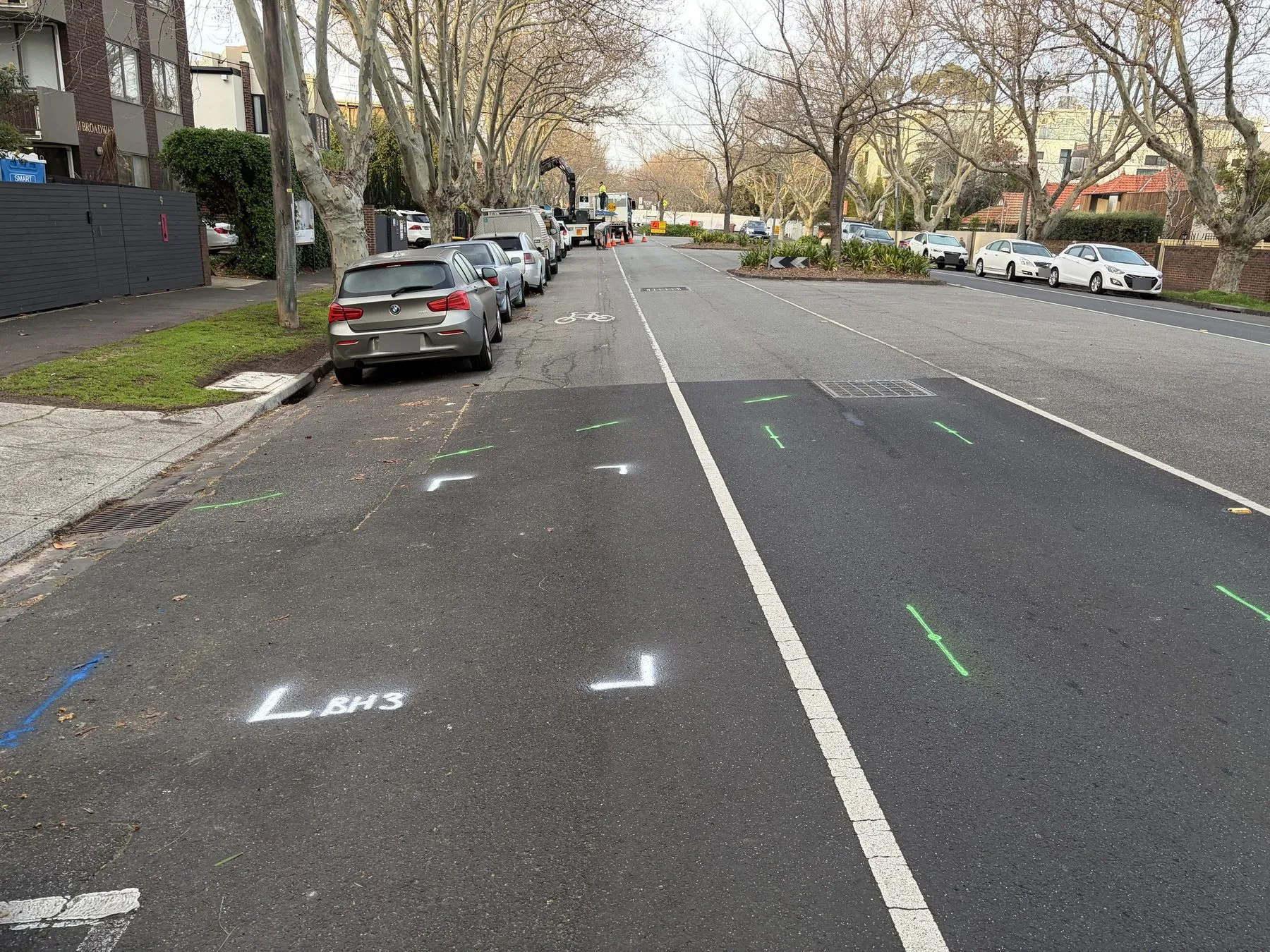Green locate lines and white corner marks sprayed across a tree-lined residential street with parked cars